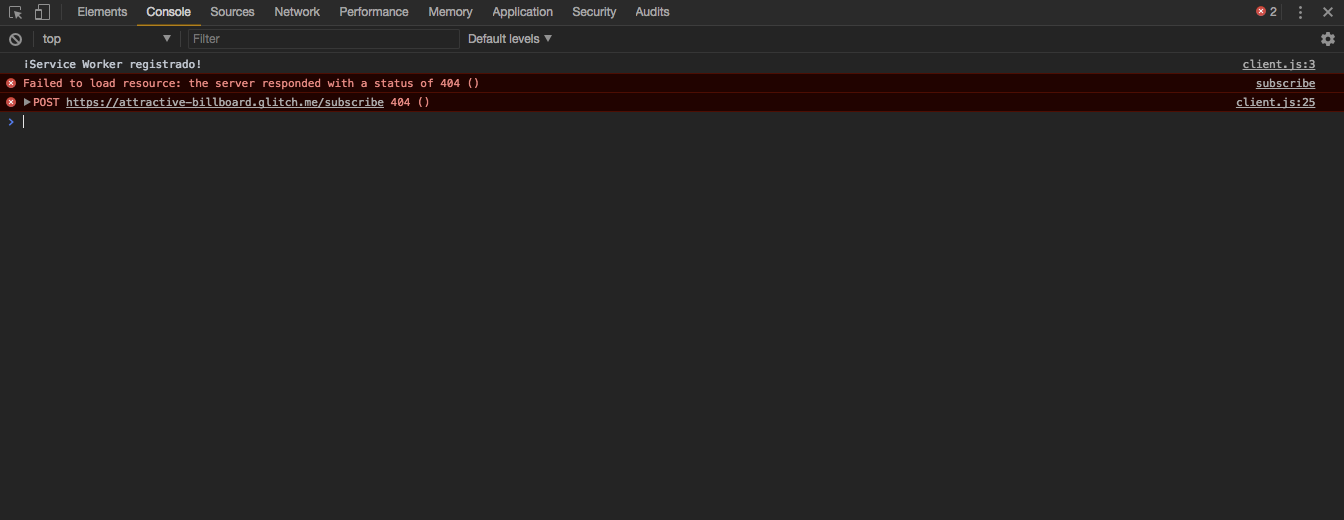 La consola muestra un error 404
